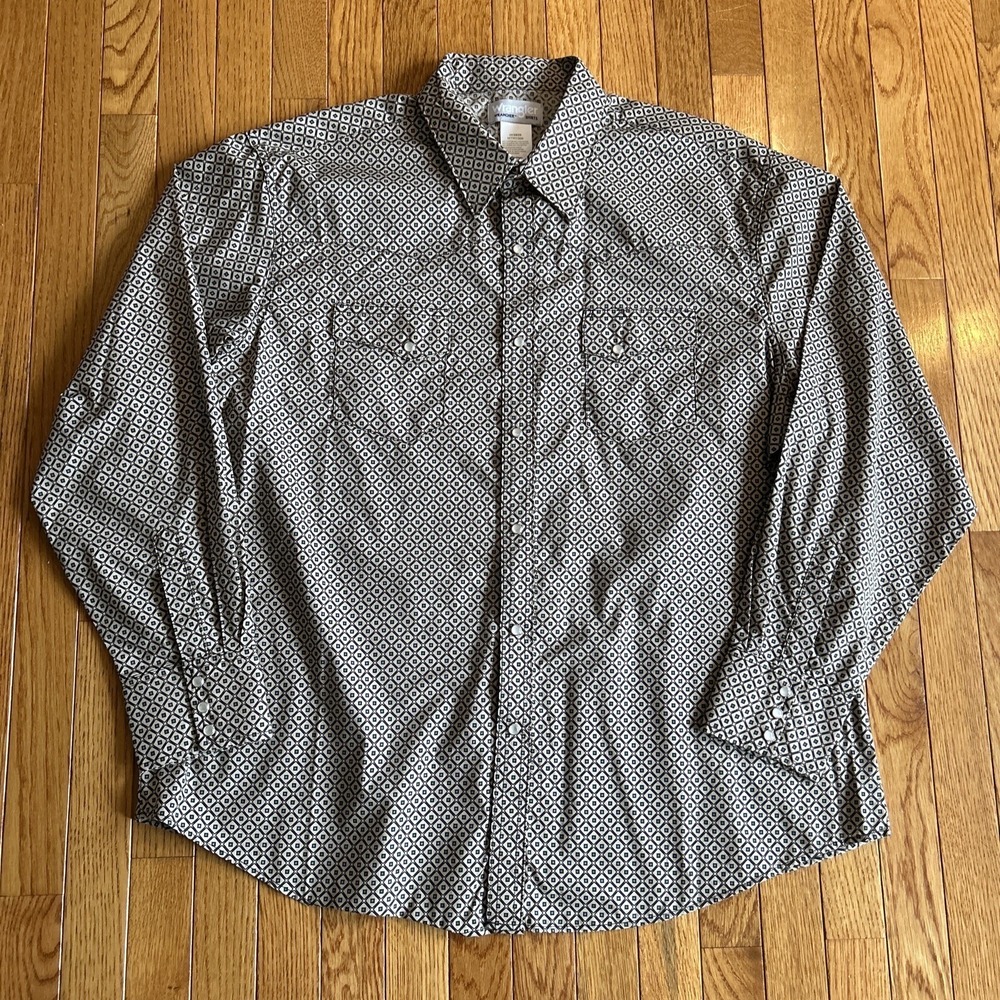 Men's 2X Wrangler Wrancher Button Up Shirt Pearl Snap Tan Geometric Design